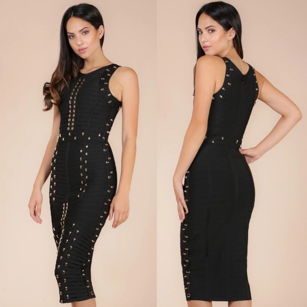 Akira Black and Gold Bandage Dress - M